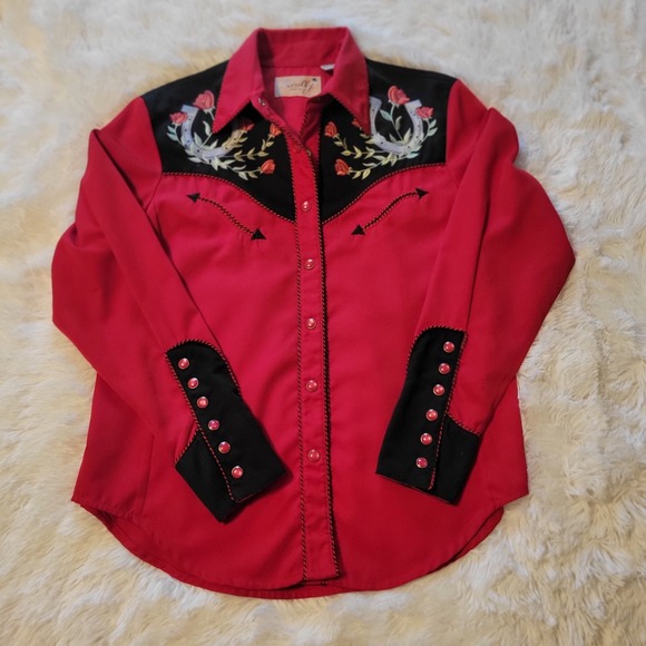 Scully Shirt Red Western Snap on Smile Pockets Pearl Snap Rose Floral-M - Picture 2 of 12